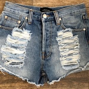 MINKPINK SLASHER FLICK DENIM HIGH RISE SHORTS S
